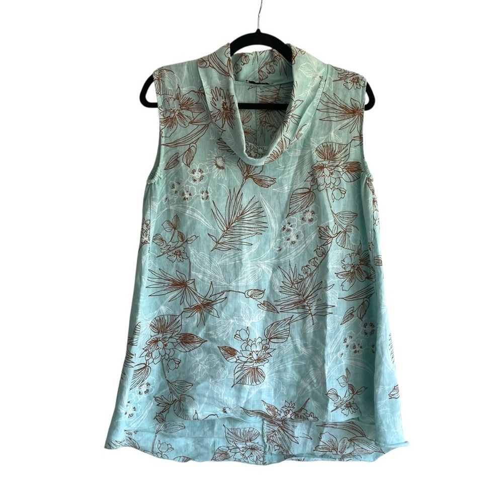 Linen O Italy Linen Sleeveless Cowl Neck Blouse Floral Print Medium